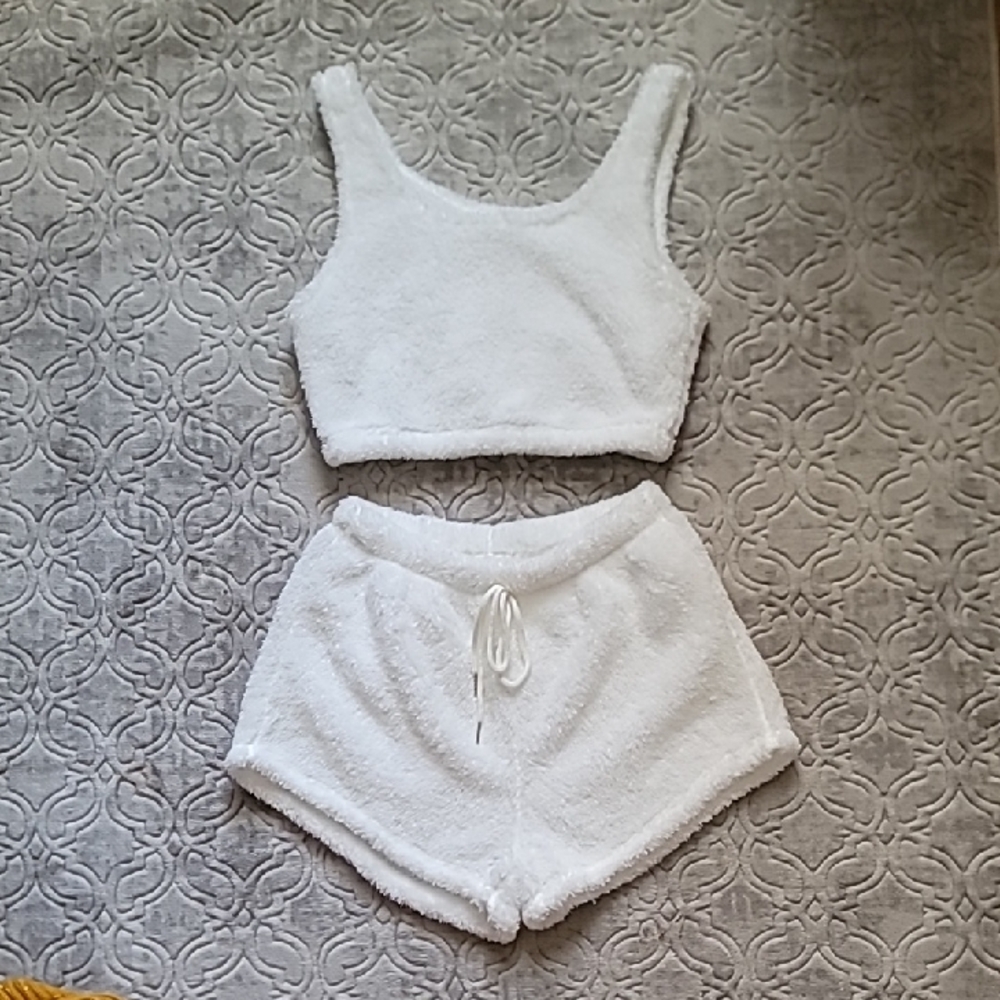 White Fuzzy Tank and Shorts Set Medium